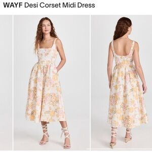 Wayf Orange and Cream Pleated Bustier Midi Dress